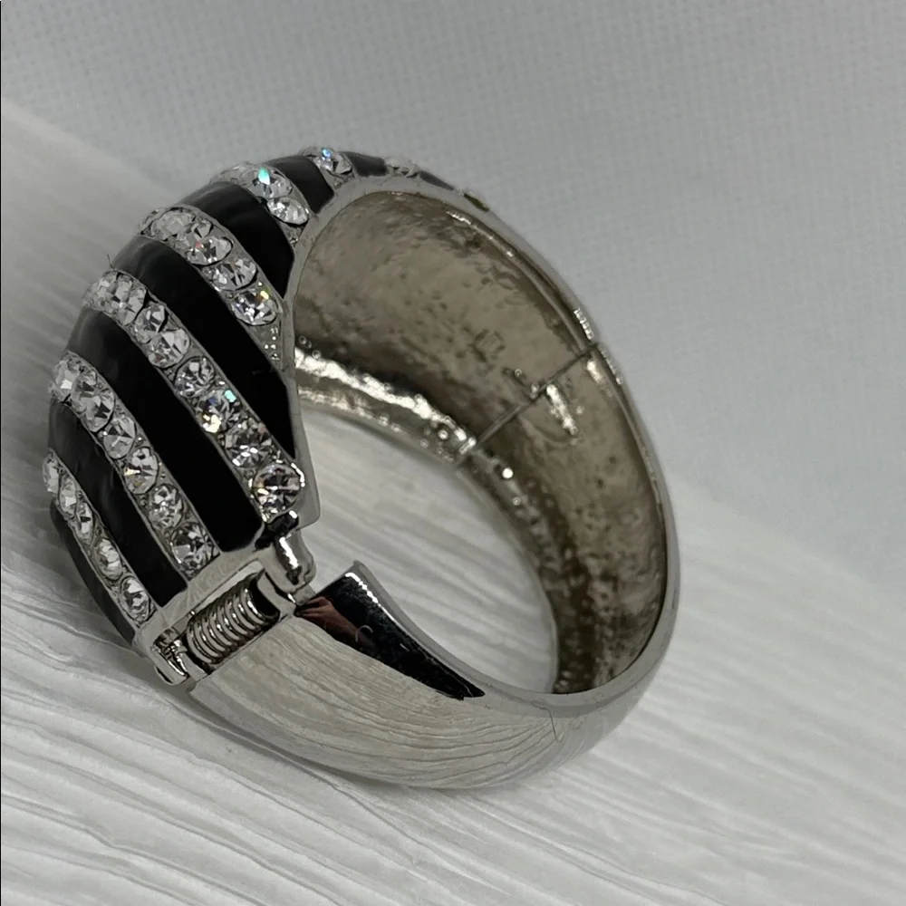 Vintage gorgeous wide Black enamel pave rhinestone Bracelet art deco disco glam